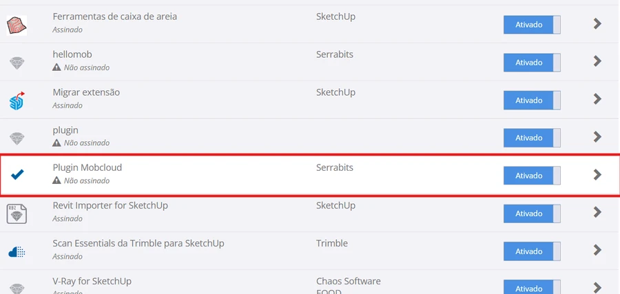 Lista de extensões do SketchUp com o Plugin Mobcloud ativo após a instalação