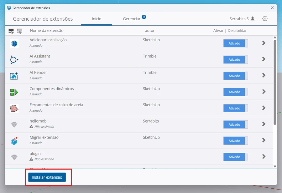 Janela do Gerenciador de extensões com o botão Instalar extensão no canto inferior esquerdo