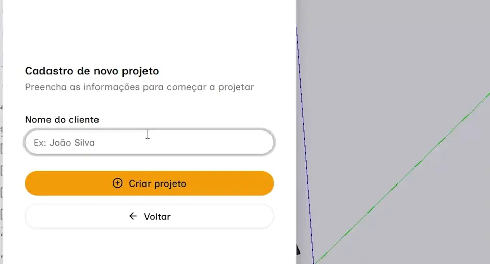 Plugin Mobcloud no SketchUp: o projeto novo é criado com o nome do cliente e a biblioteca de módulos se abre no painel