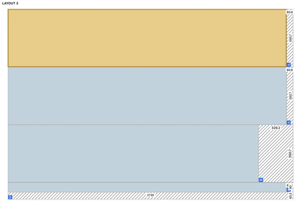 Plano de corte no Mobcloud: o layout da chapa com as peças posicionadas, as medidas e as sobras