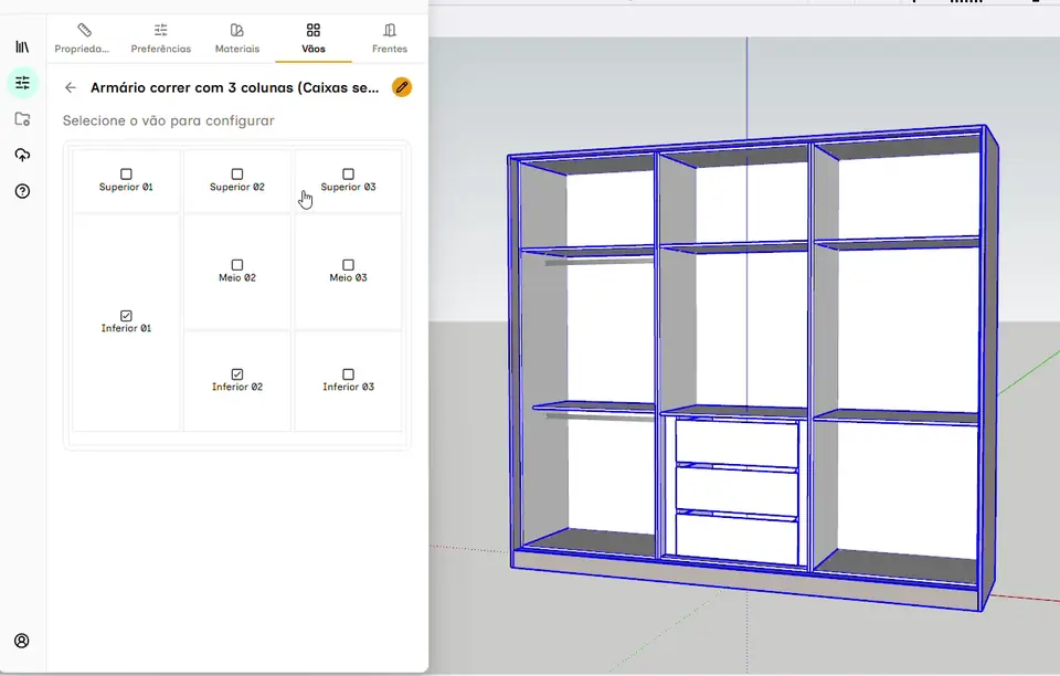 Plugin Mobcloud no SketchUp: ao escolher um submódulo no painel, o armário é atualizado no modelo 3D