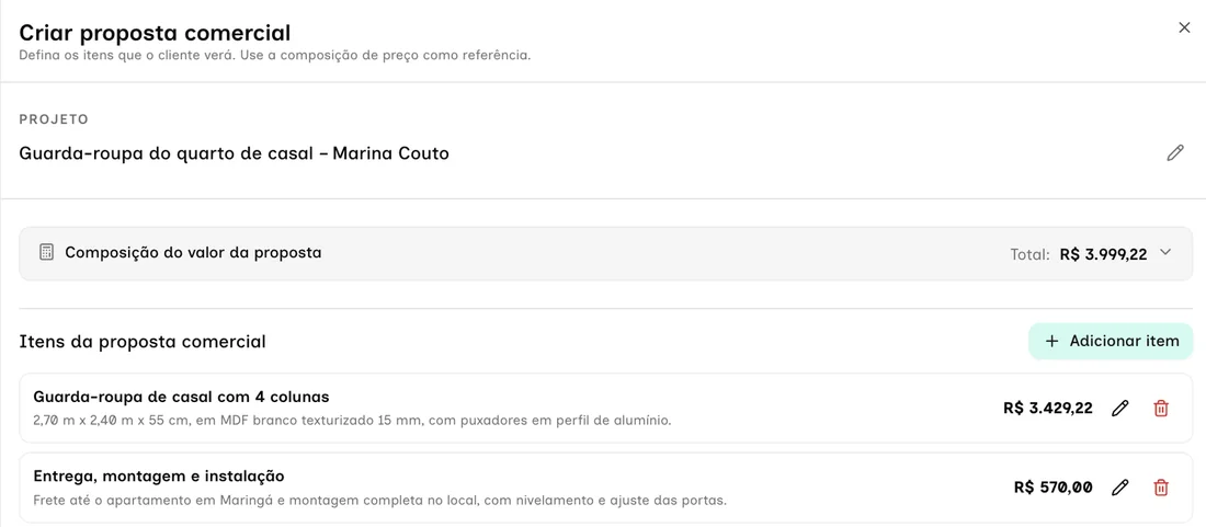 Proposta comercial no Mobcloud com os itens que o cliente vê, como o guarda-roupa de casal e a entrega com montagem